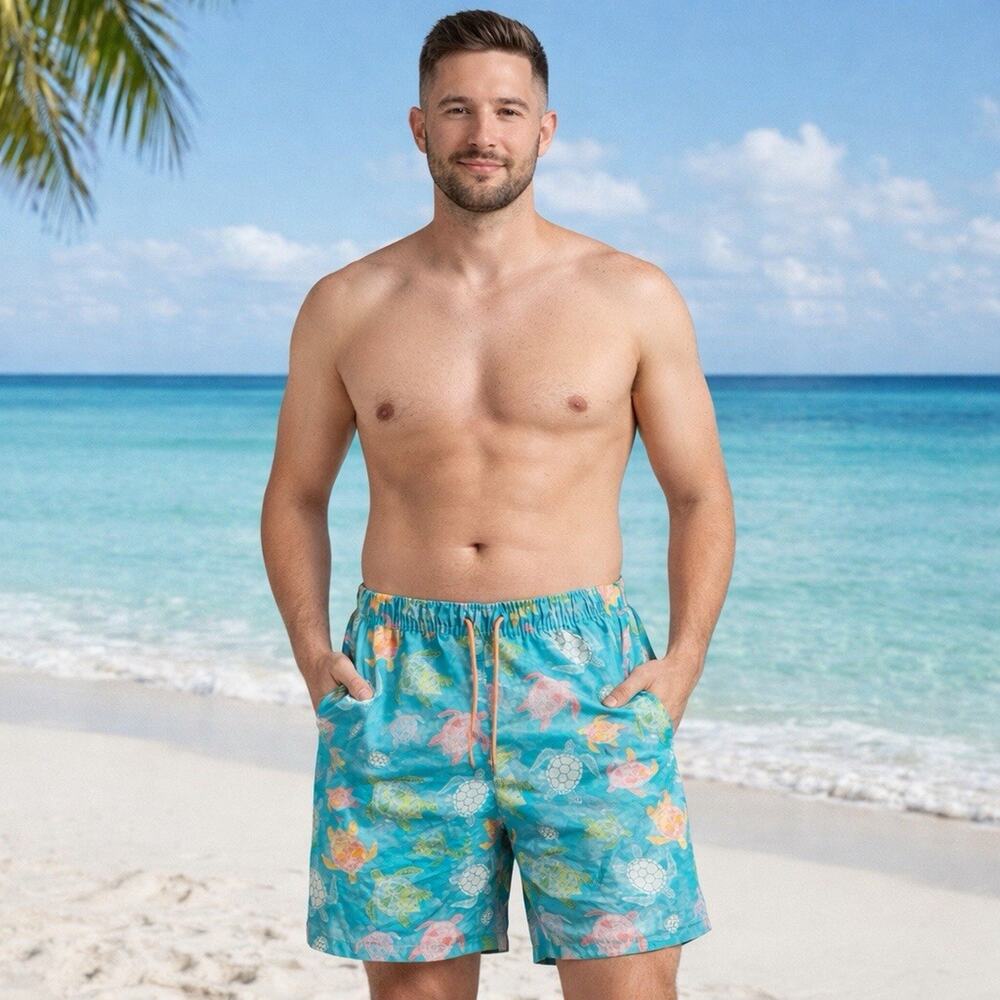 Peter Millar Swim Trunks Mens Large Turtle Print Drawstring Beach Shorts Lined L